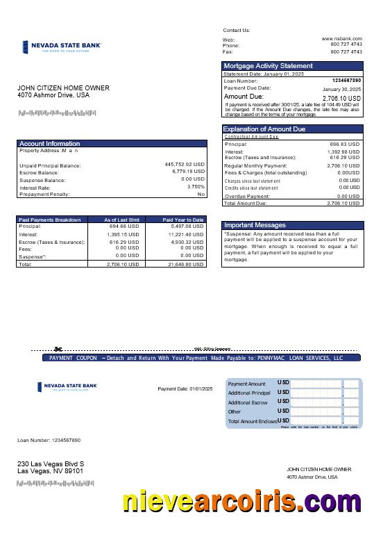 USA Nevada State Bank mortgage statement